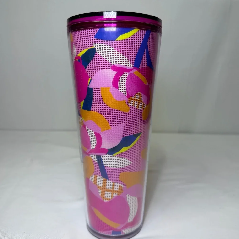 Starbucks Pink Floral Mesh Venti Cold Cup Tumbler 24oz Double‎ Wall Travel Mug